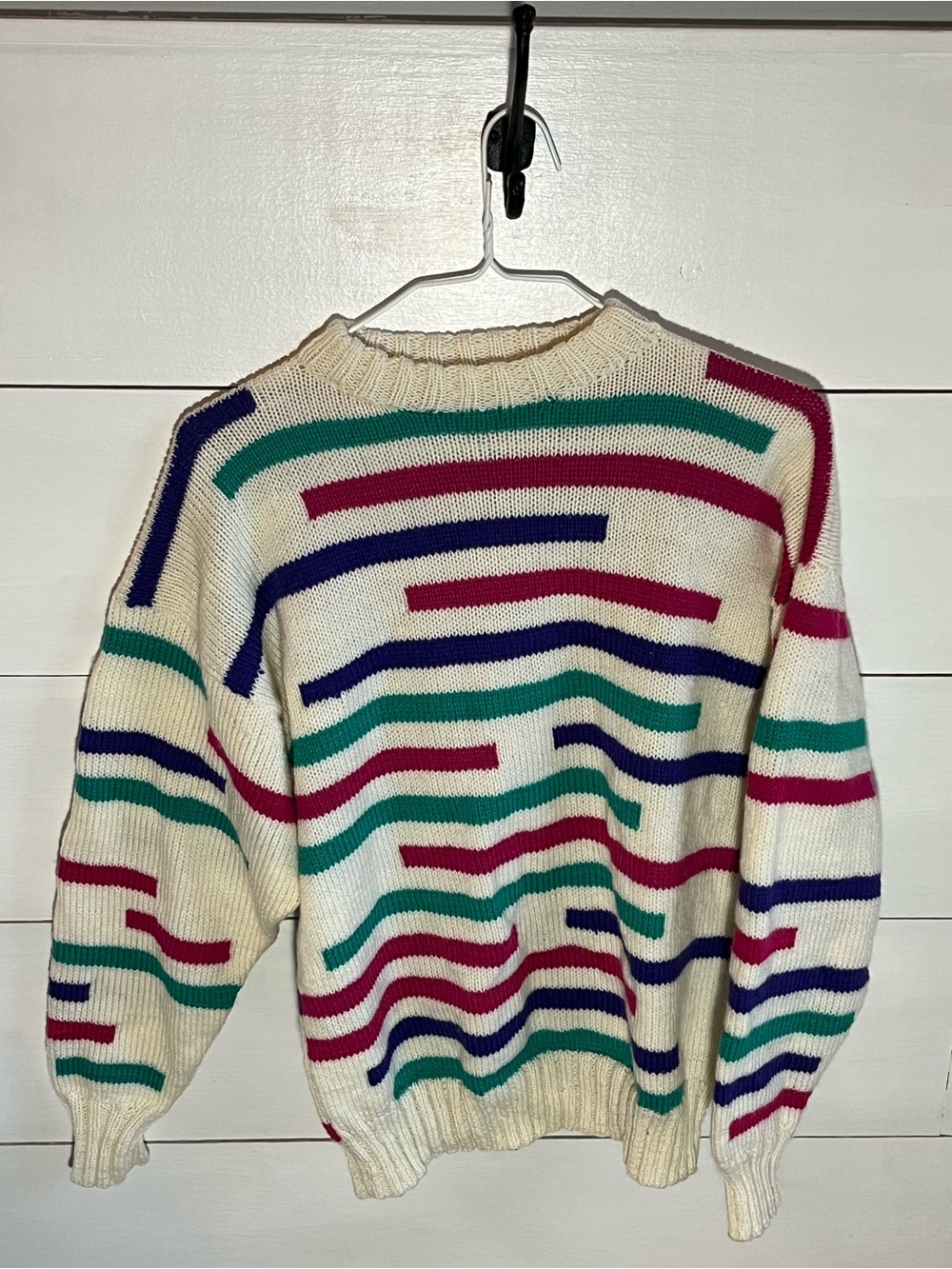 Cream Striped Women's Sweater with Pink, Green and Blue Accents - hand knit